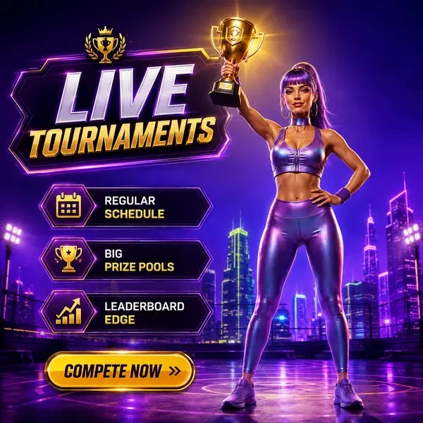 Campeón de torneo sosteniendo trofeo dorado en el estudio de live casino de Live Tournaments and Leaderboards
