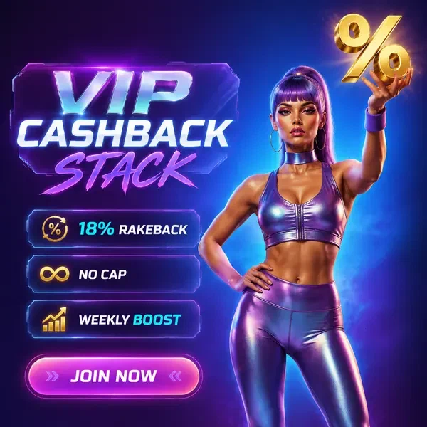 Jugador VIP sosteniendo emblema dorado de porcentaje mostrando bono de rakeback del 18% en VIP Cashback Stack