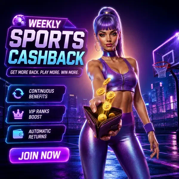 Mujer atlética sostiene cartera abierta atrapando monedas de cashback en azotea de apuestas deportivas Weekly Sports Cashback