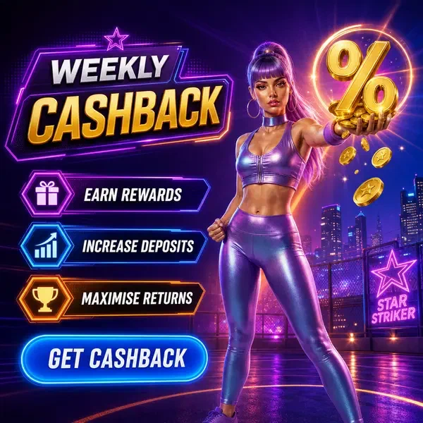 Jugador VIP presentando emblema dorado de cashback en Weekly Cashback Rhythm exhibición energética de bonos