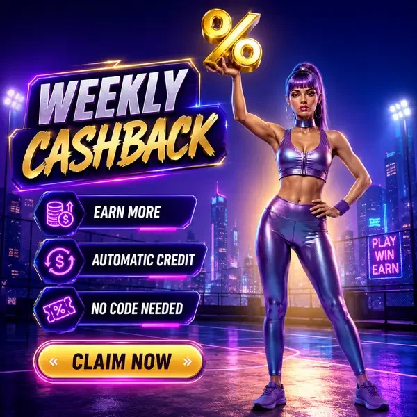 Star Striker sosteniendo emblema dorado de porcentaje para recompensas de inicio de sesión de Cashback semanal y Rakeback de monedas