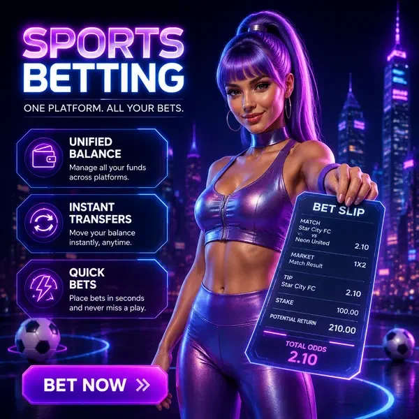 Mujer atlética presenta boleto de apuestas deportivas digital en el paisaje urbano de neón de Bro Winner Sports Betting