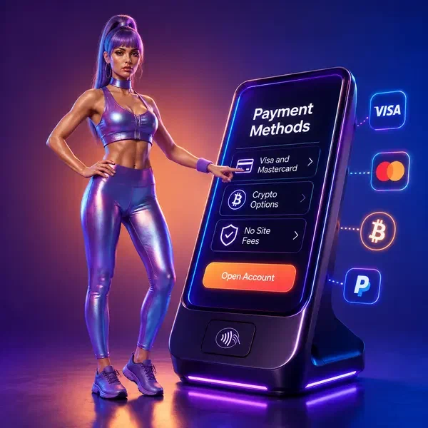 Atletische vrouw presenteert betaalmethoden bij Bro Winner futuristische terminal interface